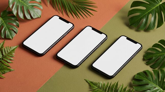 Three blank screen smartphones on a split brown and green background with tropical leaves