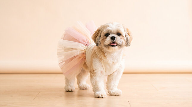 Cute dog wearing a pink tutu costume posing in a studio setting  