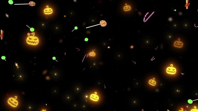 Glowing pumpkin icons and sweet candies float against a dark background in this festive Halloween illustration.