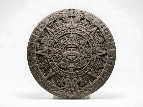 Ancient Aztec sun stone carving with intricate glyphs and central deity face
