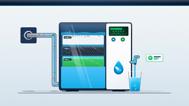 4K 60fps seamless loop 2D motion graphic infomercial illustrating a household water purifier filtration process in cutaway view. Features sediment filter, activated carbon, and reverse osmosis RO memb
