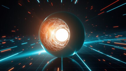 Fototapeta premium Glowing sphere radiates intense light. Streaks traverse dark space, forming grid pattern. Futuristic, vibrant visuals dominate composition.