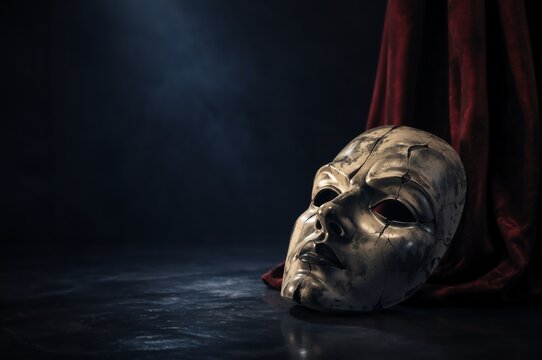 Cracked vintage theatrical mask on a dark stage. Old broken face disguise next to a red velvet curtain. Drama and tragedy concept