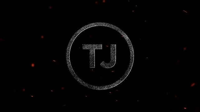 Glowing metallic letters TJ inside a textured circle with floating fire particles