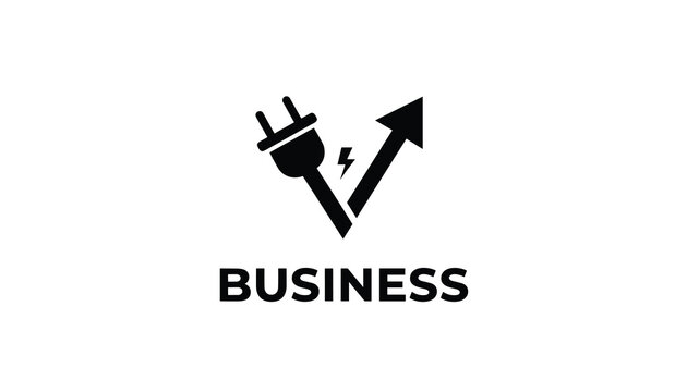 Business power plug logo design concept with lightning bolt and upward arrow in solid black over white.