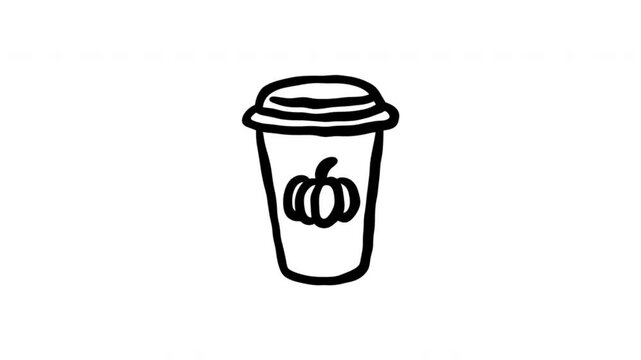 Pumpkin Spice Coffee Cup For Seasonal Takeaway Drinks Hand-Drawn Doodle Animation On Transparent Background. Pumpkin Beverage And Autumn Cafe Symbol. Seamless Animated Icon. 4K Video Overlay Element.