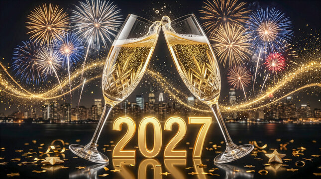 Dos copas de champ&aacute;n brindando por el A&ntilde;o Nuevo 2027, con fuegos artificiales, estrellas brillantes y destellos dorados en una atm&oacute;sfera festiva y elegante.
