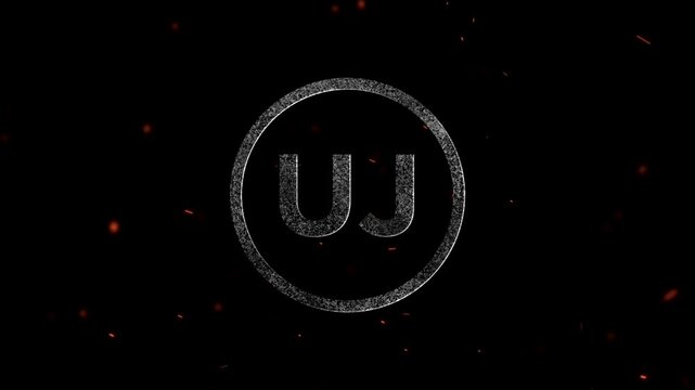 Glowing metallic UJ letter monogram logo design within a circular frame with floating particles