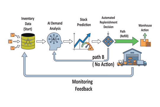 A conceptual diagram illustrating a data driven supply chain management process with predictive analytics and warehouse feedback loops