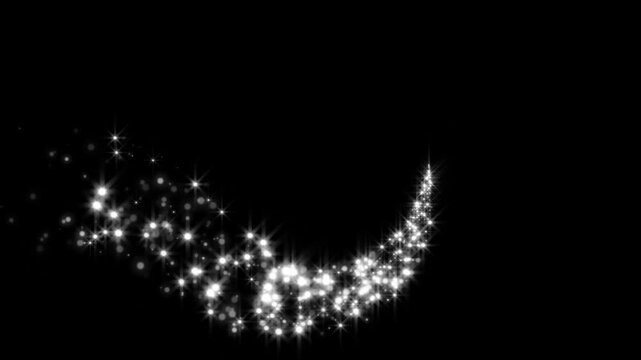 White glowing fairy sparkle line burst with magic light stars line effect, fast glowing star streaks on black screen background, glitter line stars, pixie dust path, christmas stars isolated 4K