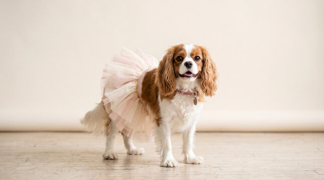 Cavalier King Charles Spaniel wearing a pink tutu in a studio setting  