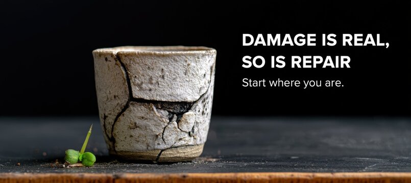Cracked Ceramic Cup and Green Sprout with Damage and Repair Headline