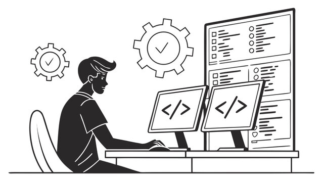 A young male software developer sitting at a desk and writing code on two computer monitors with gear icons representing efficiency and progress