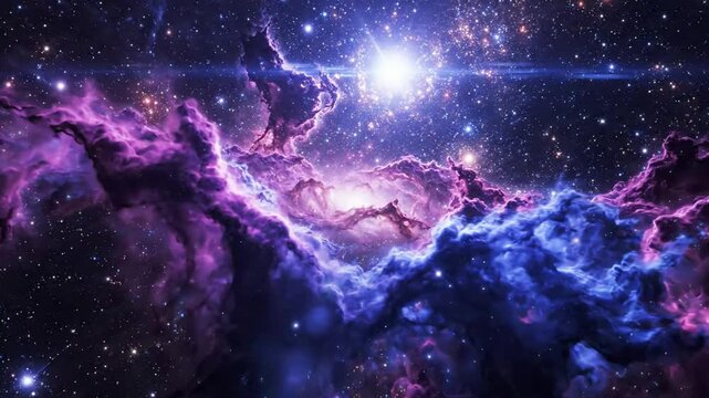 Vibrant purple nebula and glowing starfield in deep space: cosmic background, for sci-fi and astronomy