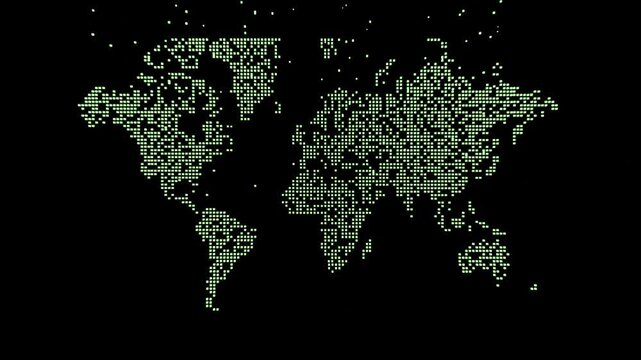 Pixel world map raining effect animation for background festival anniversary cartoon icon presentation. 4K footage.