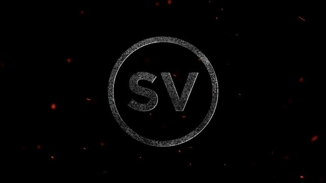 Glowing particle letter sign with the initials SV inside a circle