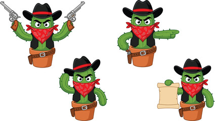 Fototapeta premium Cactus cowboy character poses set with guns bandana and hat wild west vector illustration