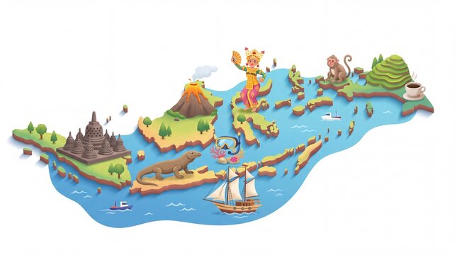 Indonesia map illustration with cultural landmarks and wildlife icons
