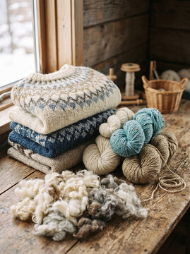 folded wool sweaters and yarn on wooden table in cozy setting