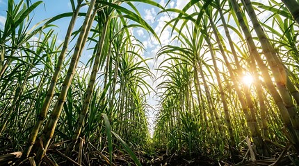 Fototapeta premium Low angle view of sugarcane plantation field with green leaves under blue sky and bright sunlight beams