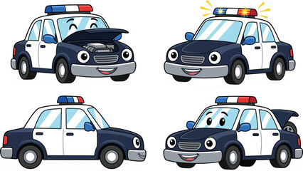 Cute cartoon police car character poses set with open hood and trunk vector illustration © Joy