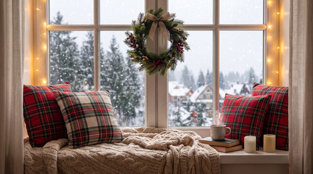 A cozy Christmas window seat with plaid pillows, a blanket, wreath, and snow outside offers a warm winter holiday retreat for seasonal home decor content.