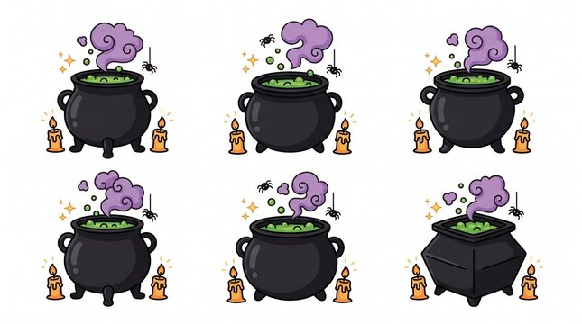 Halloween cauldron vector icon set featuring bubbling green potion purple magic smoke glowing orange candles hanging spider and spooky sparkles for seasonal party flyer and greeting card design