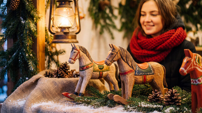 A close-up of handcrafted wooden toy horses at a snowy Christmas market stall captures festive winter craftsmanship for holiday product photography.
