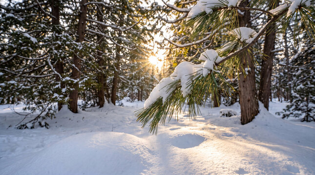 A pristine winter cedar grove with untouched snow and sunlight filtering through branches creates a fresh seasonal landscape for fine art prints and backgrounds.