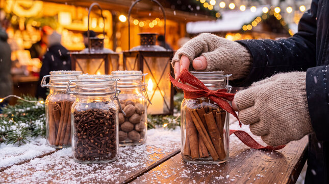 A close-up of spice jars with cinnamon, cloves and nutmeg at a snowy Christmas market stall creates an aromatic winter holiday product image for food brands.