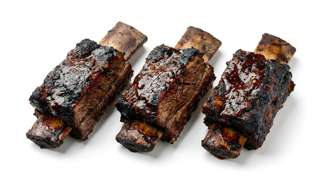 Glossy glazed beef short ribs arranged on a clean white background