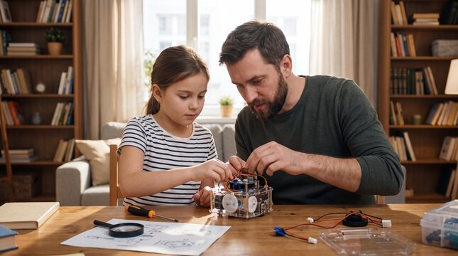 Father and daughter building a small robot kit together at home, STEM learning
