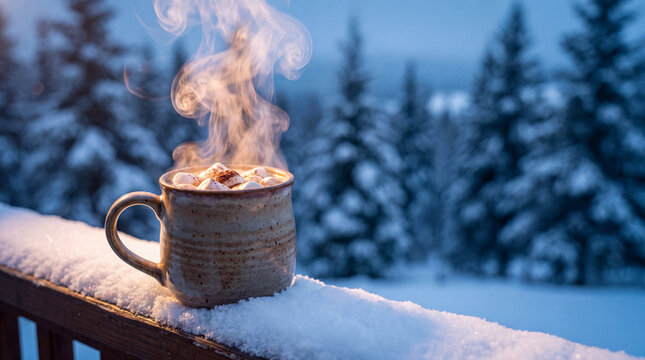 A steaming cup of cocoa rests on a snow-covered wooden railing, blending warm comfort with cool winter air for cozy seasonal lifestyle imagery.
