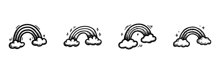 Obraz premium Rainbows And Clouds Hand Drawn Doodle Icon Set. Decorative Rainbow Icons With Clouds Sketch Symbol Collection. Weather And Nature Design. Isolated Vector Illustration