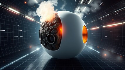 Fototapeta premium Futuristic sphere reveals internal mechanics. Glowing core, steam rising within dark tunnel environment. Dramatic lighting, high detail.