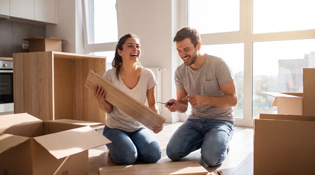 Happy young couple assembling furniture in their new apartment surrounded by cardboard boxes