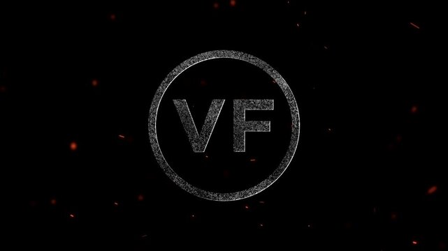 The letters vf inside a glowing circle with particles floating in the air