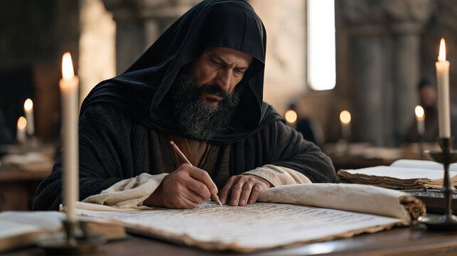 Armenian monk in a black hood copies sacred scripture by hand in a stone scriptorium, candlelight flickering across parchment, monastic life, religious manuscript, Eastern