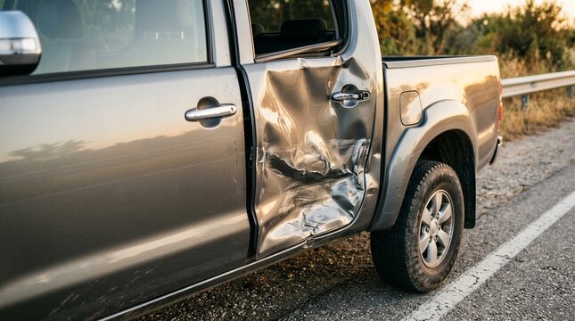 Severely Dented Car Door With Visible Body Damage After Vehicle Collision - Car Damage Concept