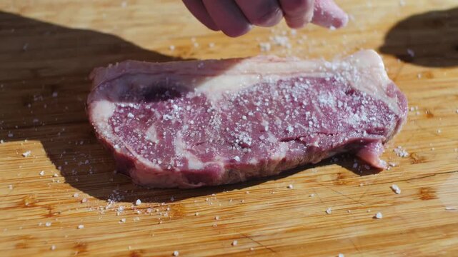 Thick raw pork chop on wooden cutting board bathed in bright daylight highlighting marbling fat cap texture color variations rustic kitchen setting culinary appeal