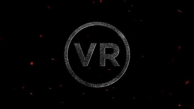 vr logo design featuring metallic textured letters inside a circular frame with floating embers
