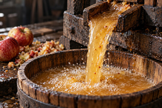 Fresh Apple Cider Pouring from Wooden Press into Bucket