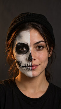 Young Woman with Half Face Skeleton Makeup, Halloween Portrait