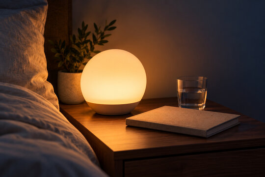 Warm Sunrise Wake Up Light on Bedside Table in Dark Room