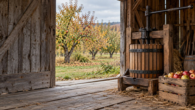 Traditional Wooden Cider Press and Apples in Old Barn