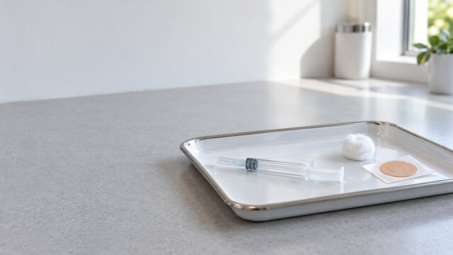 Prefilled Flu Vaccine Syringe and Bandage on Pharmacy Tray