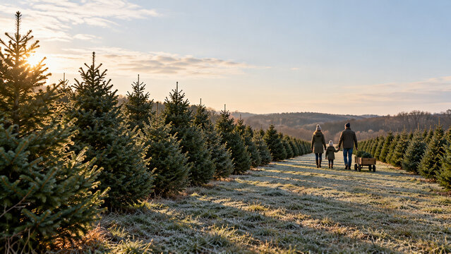 Family Walking Through Christmas Tree Farm Rows at Sunset