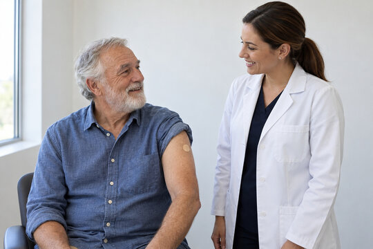 Senior Man Smiling After Flu Shot with Pharmacist