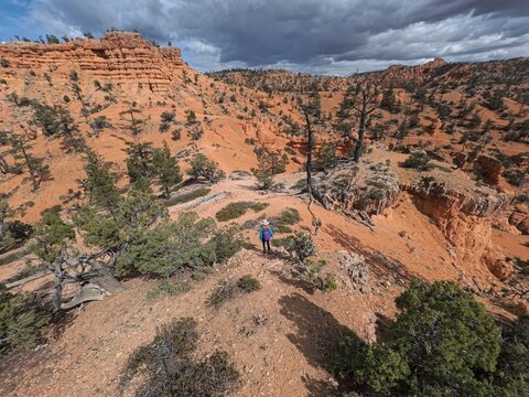 Aerial view of a hiker walking on a trail in the red rock landscape of Casto Canyon, with pine trees and dramatic rock formations under a cloudy sky in Bryce Canyon City, Utah, United States.