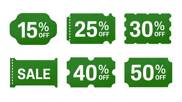 3D Green Sale Label and Discount Ticket Set, Plastic Coupon Ribbons with 15%, 25%, 30%, 40%, 50% Off Isolated on Transparent Background